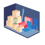An artificial image of a room of a house with boxes and chairs kept.