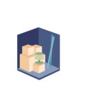 A cartoon image of a room filler with products like boxes